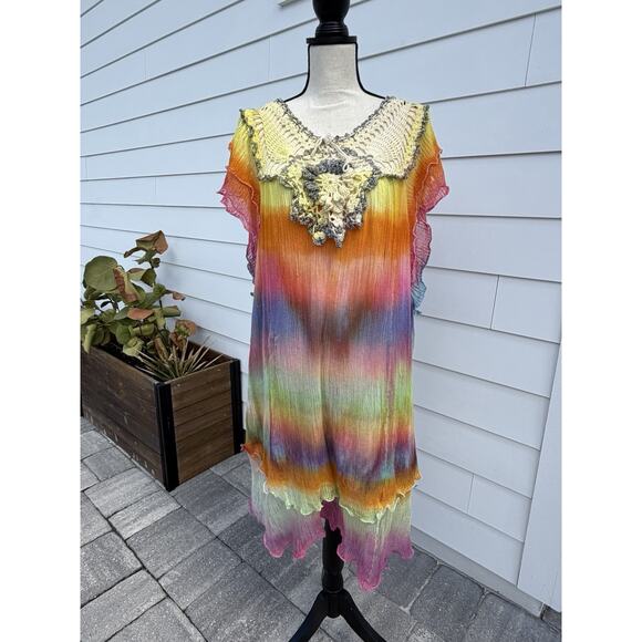 Multicolor Kaftan Knit Beach Coverup Hand Died Midi Dress Hobo Boho Artsy Large - Picture 1 of 6